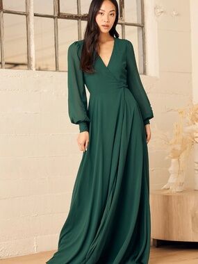 Lulus - My Whole Heart Emerald Green Long Sleeve Wrap Dress